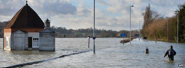 A flooded road in Runnymede, south-west of London