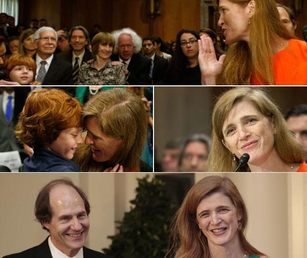 Power with her son, Declan, on Capitol Hill and with husband Cass Sunstein on the night of a state dinner