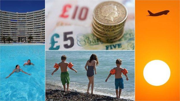 Four pictures - people in a pool, British money, children on a beach, a plane taking off