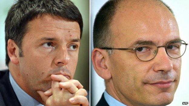 Florence Mayor Matteo Renzi (left, December 2013) and recently-resigned Italian Prime Minister Enrico Letta (June 2013)