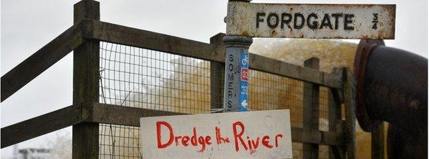 A dredging sign in Moorland in flood-hit Somerset