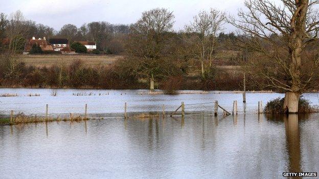 Flooded fields are pictured at Arborfield in Hampshire