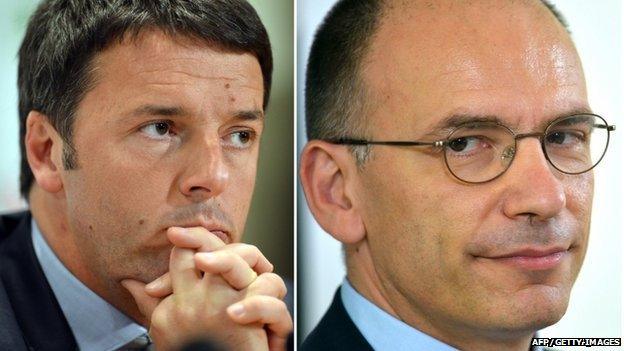 A combination of pictures made on February 13, 2014 shows Italian Democratic Party (PD) general secretary and mayor of Florence Matteo Renzi (L) during a press conference in Rome on December 9, 2013 and Italian Prime Minister Enrico Letta during a press conference in Rome on June 20, 2013.