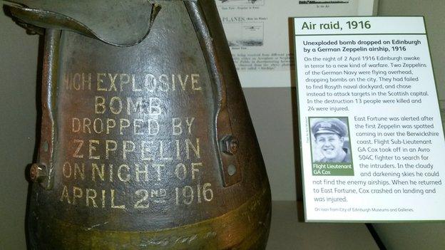 The unexploded bomb dropped by the zeppelin is now on display at the Museum of Flight in East Lothian