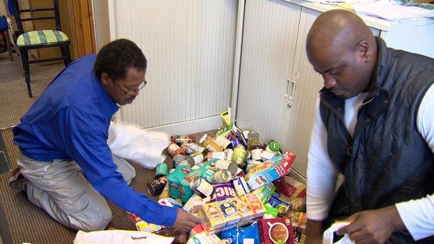 Sorting through donated food