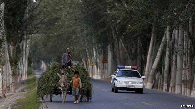 A boy leads a cart loaded with grass next to a passing police car in Aksu, Xinjiang Uighur Autonomous Region, China (18 July 2013)