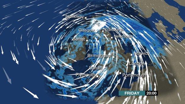 Weather forecast map showing high winds in the UK