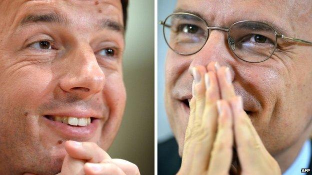 Italian Democratic Party leader Matteo Renzi (L) and former PM Enrico Letta, 13 February 2014