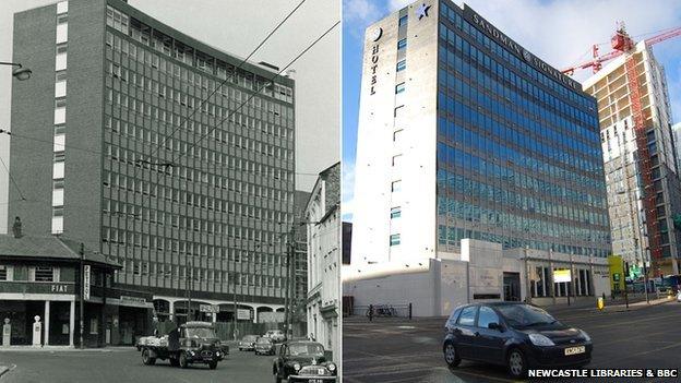 Tyne brewery offices circa 1967 and the Sandman Hotel 2014