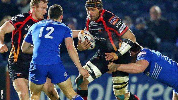 Dragons flanker Netani Talei charges at the Leinster defence