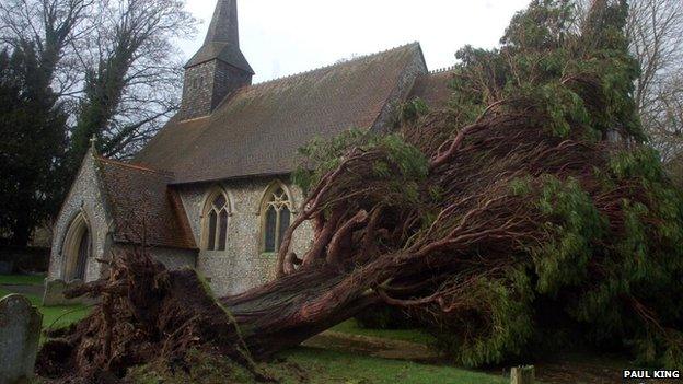 In Basingstoke a tree has fallen on the roof of St Thomas of Canterbury Church and opened up graves.