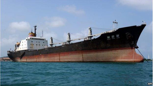 North Korean cargo ship, the Chong Chon Gang, at anchor in front of the Sherman Base, near Colon in Panama