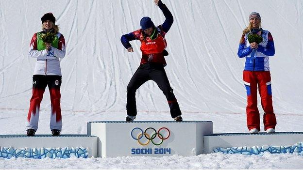 Canada's second placed Dominique Maltais, first placed Eva Samkova of the Czech Republic and France's third placed Chloe Trespeuch