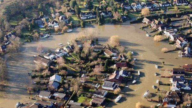 A aerial view of flooding in Shepperton, Surrey