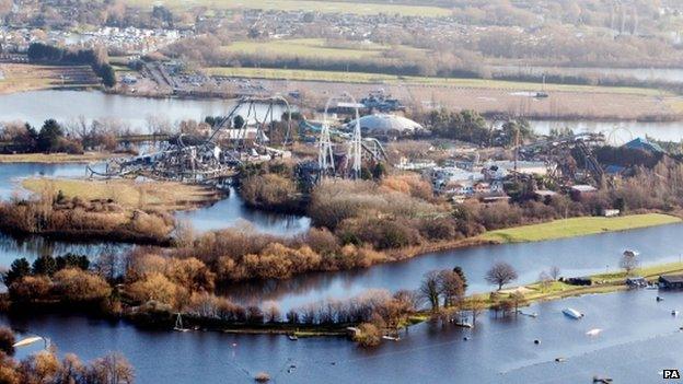 An aerial photograph of Thorpe Park theme park, which is flooded