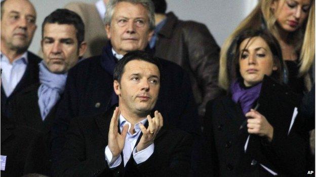 Democratic Party leader Matteo Renzi (front, centre) at a Serie A soccer match between Fiorentina and Inter Milan in Florence on 15 February