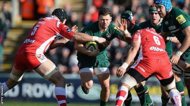 Leicester's Adam Thompstone takes on Gloucester