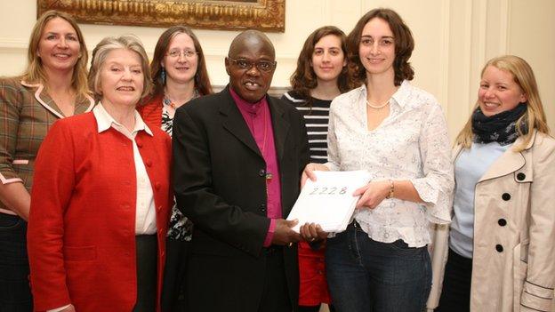 From left to right: Susie Leafe (General Synod member for Truro), Sarah Finch (General Synod member for London), Alison Wynne (General Synod member for Blackburn), The Archbishop of York, Rt Rev John Sentamu, Sophie Cornes (International Students Worker, All Saints Preston), Hannah Fox (Women's Worker, All Saints Preston), Ellie Maffett (Ministry Assistant, Emmanuel Church Bristol).