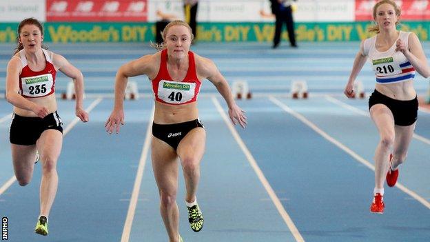 Amy Foster wins the 60m in Athlone