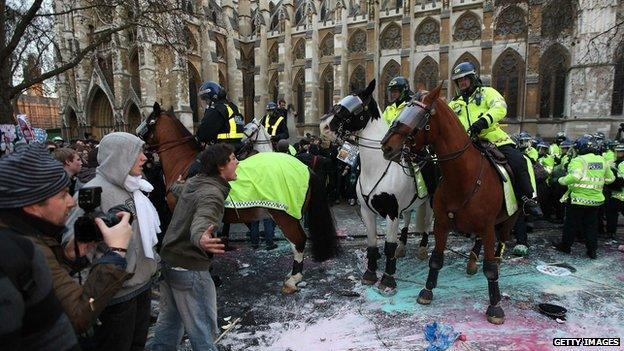 Police horses during student protest in London