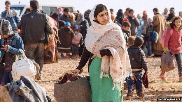 Malala Yousafzai visiting the border and helping refugees with their bags, as part of her campaign for children's education