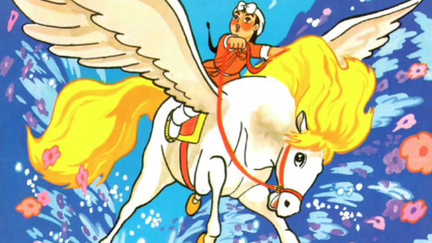 Illustration of child riding a flying horse from The Winged Horse