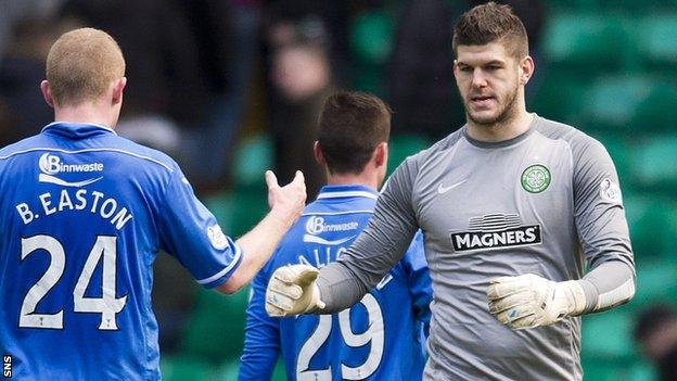 Fraser Forster is congratulated by St Johnstone players