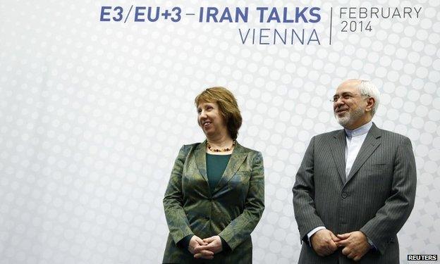 EU foreign policy chief Catherine Ashton and Iranian Foreign Minister Mohammad Javad Zarif in Vienna (18 February 2014)