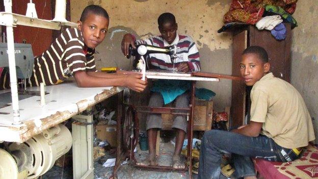 Children in a tailors shop in Timbuktu, Mali