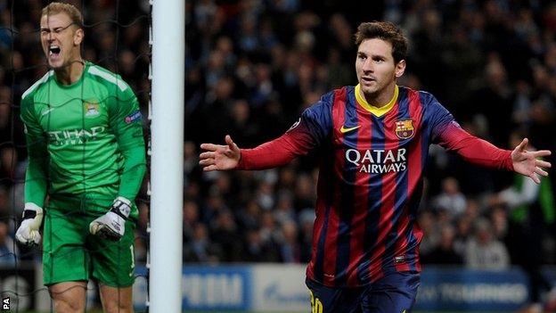 Barcelona's Lionel Messi and Manchester City's Joe Hart