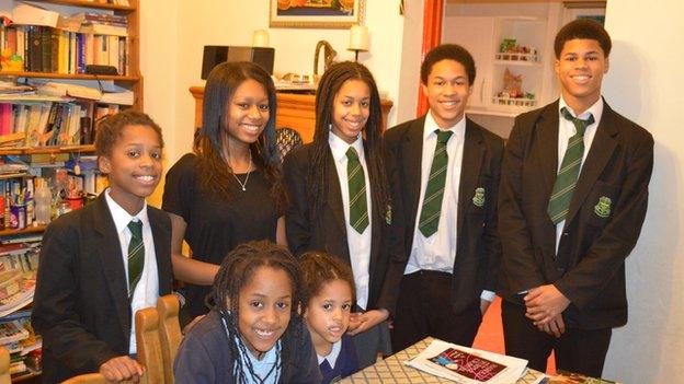 Kaddeh-Mason family (top row left to right): Jeneba (11), Isata (17), Konya (13), Sheku (14) and Braimah (16) (bottom row left to right): Aminata (8) and Mariatu (4)