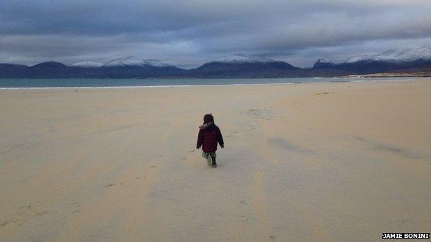 Rory having a stroll on a windy Luskentyre Beach on Harris