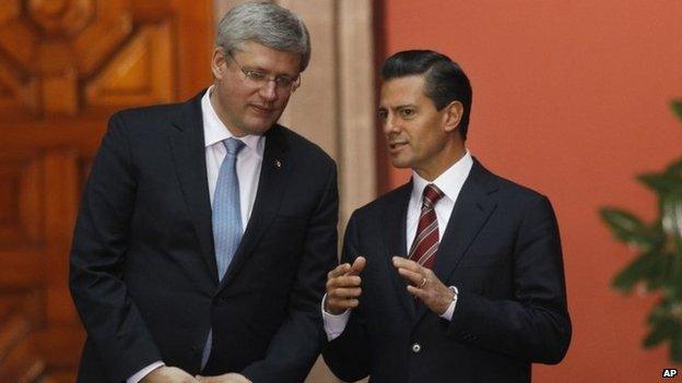 Mexico's President Enrique Pena Nieto, right, with Canada's Prime Minister Stephen Harper pose for photographers after giving a joint news conference at the National Palace in Mexico City 18 February 2014