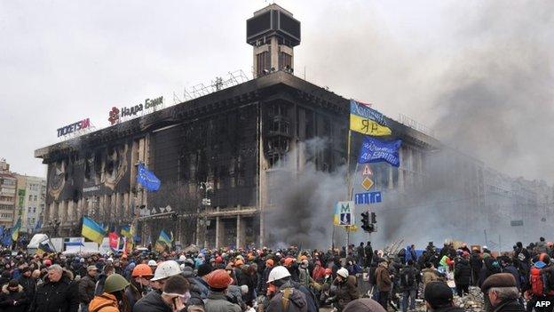 The remains of the Trade Union building on Kiev's Independence Square on Wednesday - set on fire late on Tuesday during clashes between anti-government protesters and riot police