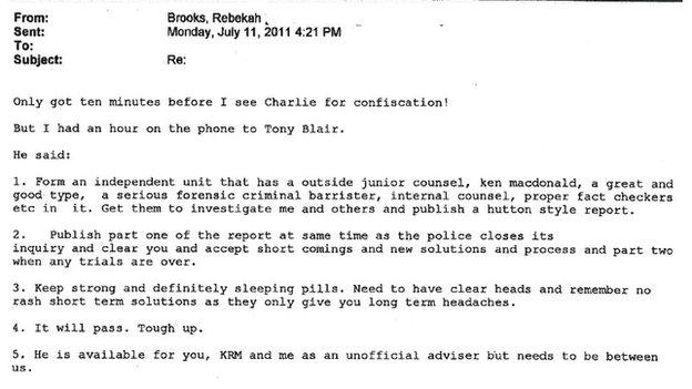 Copy of the email sent by Rebekah Brooks to James Murdock following a conversation with Tony Blair