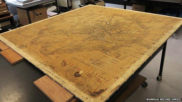 The bomb map under conservation at the Norfolk Record Office