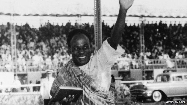 Then-Ghanaian Prime Minister Kwame Nkrumah arrives at the Assembly House in Accra for the opening of the new Parliament and the declaration of Ghana's Independence by the Duchess of Kent, 7 March 1957