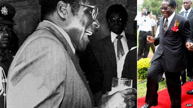 L: Robert Mugabe laughing while holding a glass in 1983 R: Robert Mugabe in 2009, with a skip in his step