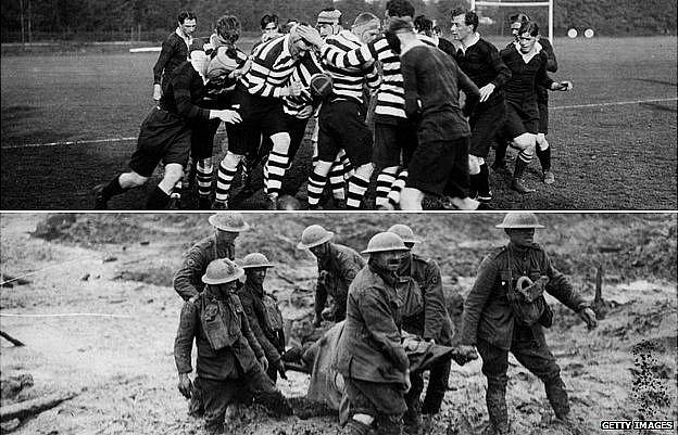 Pre war rugby match/stretcher party at Passchendaele