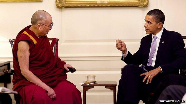 File photo: President Barack Obama meets the Dalai Lama in the Map Room of the White House, 18 February 2010