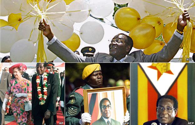 Top: Robert Mugabe holding ballons, Bottom: Left: Robert Mugabe with Queen Elizabeth II. Middle: A soldier holding a portrait of Robert Mugabe Right: Robert Mugabe talking into a microphone with the flag of Zimbabwe behind him