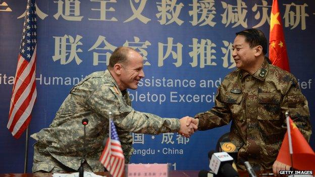 Major General Stephen R Lyons of the US Army, Pacific shakes hands with Major Tang Fen of the PLA