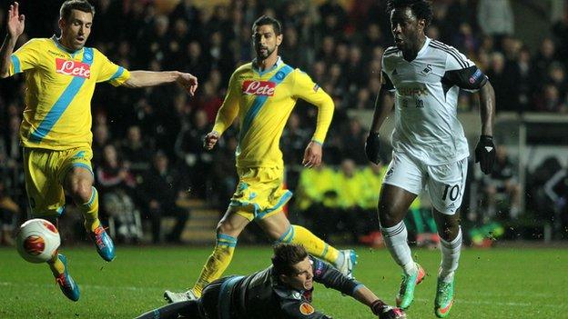 Wilfried Bony is denied by Rafael