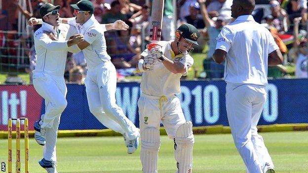 Australia batsman David Warner is caught by Graeme Smith off Vernon Philander in the second Test