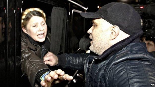 Former Ukrainian Prime Minister Yulia Tymoshenko is greeted by supporters shortly after being freed from prison in Kharkiv