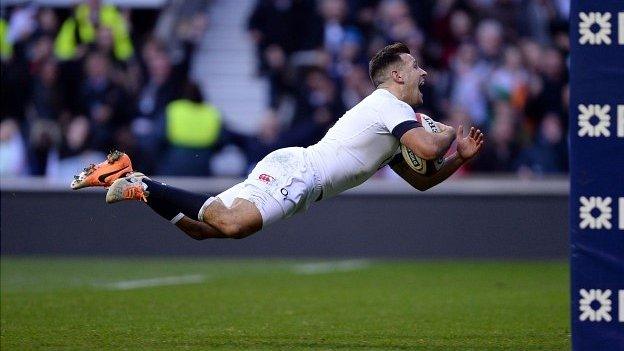 Danny Care dives over to score for England