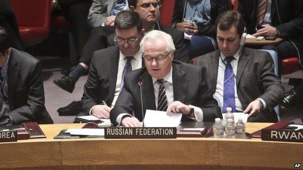 Russia's ambassador to the United Nations Vitaly Churkin speaks after a UN Security Council vote on the Syria humanitarian crisis on 22 February 2014