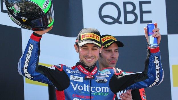 Eugene Laverty (left) celebrates after his win in Australia