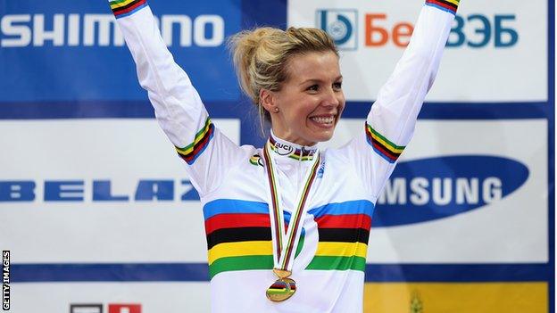 Becky James with her rainbow jersey after winning a world title in 2013