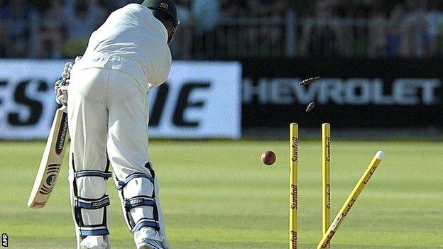 Australia's Brad Haddin is comprehensively bowled by Dale Steyn in Port Elizabeth